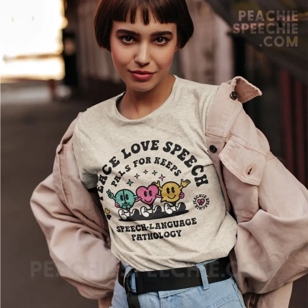 Peace Love Speech Retro Characters Tri-Blend Tee - Oatmeal Triblend / XS - peachiespeechie.com