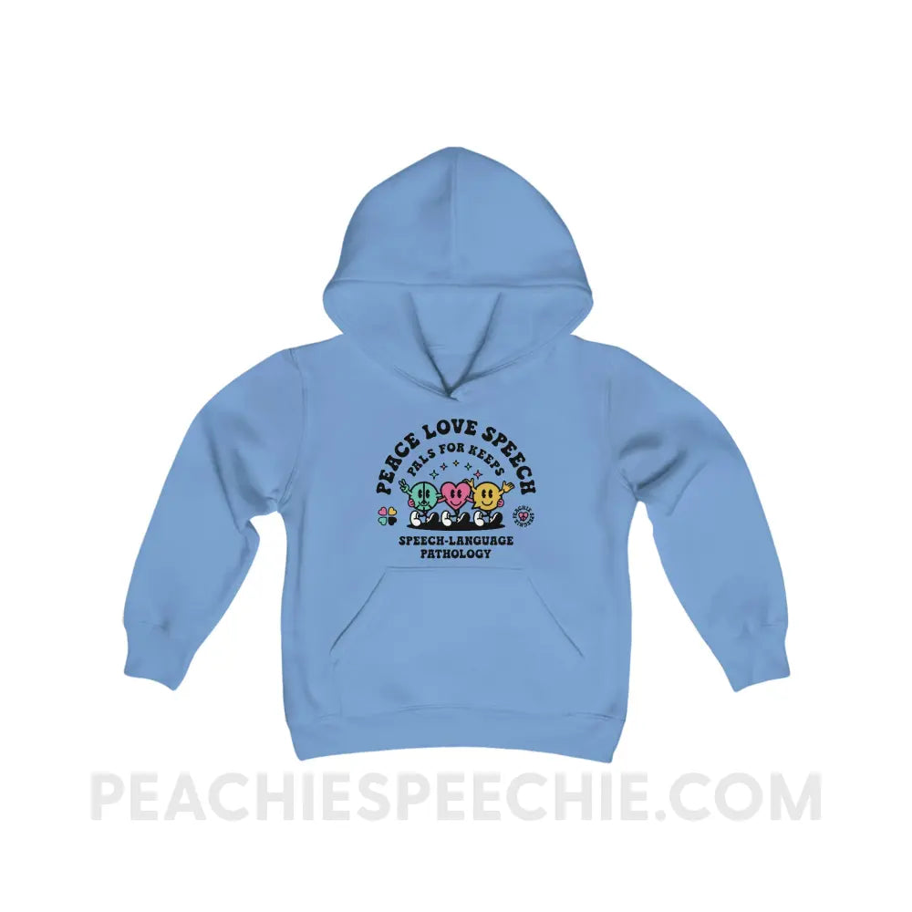 Peace Love Speech Retro Characters Youth Classic Hoodie - Carolina Blue / S - Kids clothes peachiespeechie.com