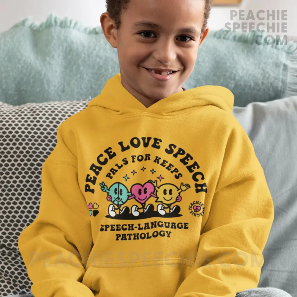 Peace Love Speech Retro Characters Youth Classic Hoodie - Gold / S - Kids clothes peachiespeechie.com