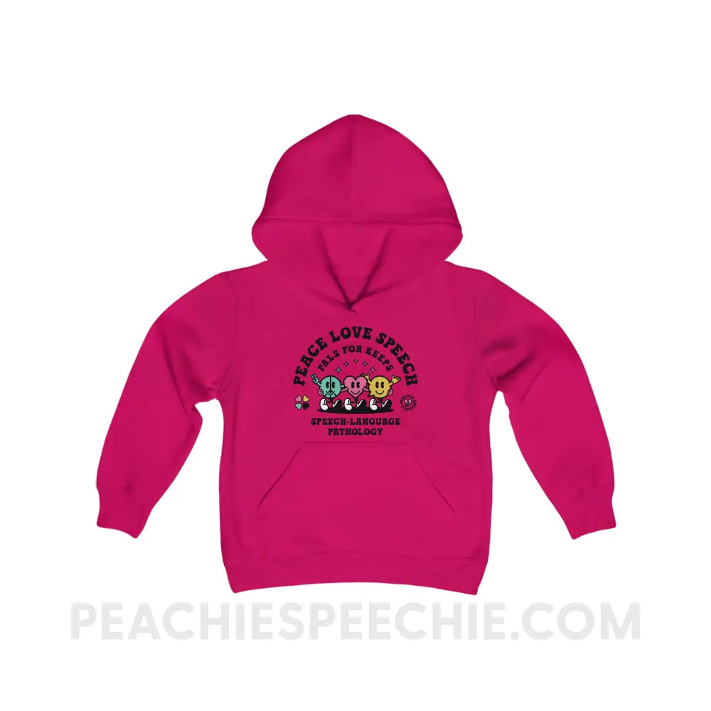 Peace Love Speech Retro Characters Youth Classic Hoodie - Heliconia / S - Kids clothes peachiespeechie.com