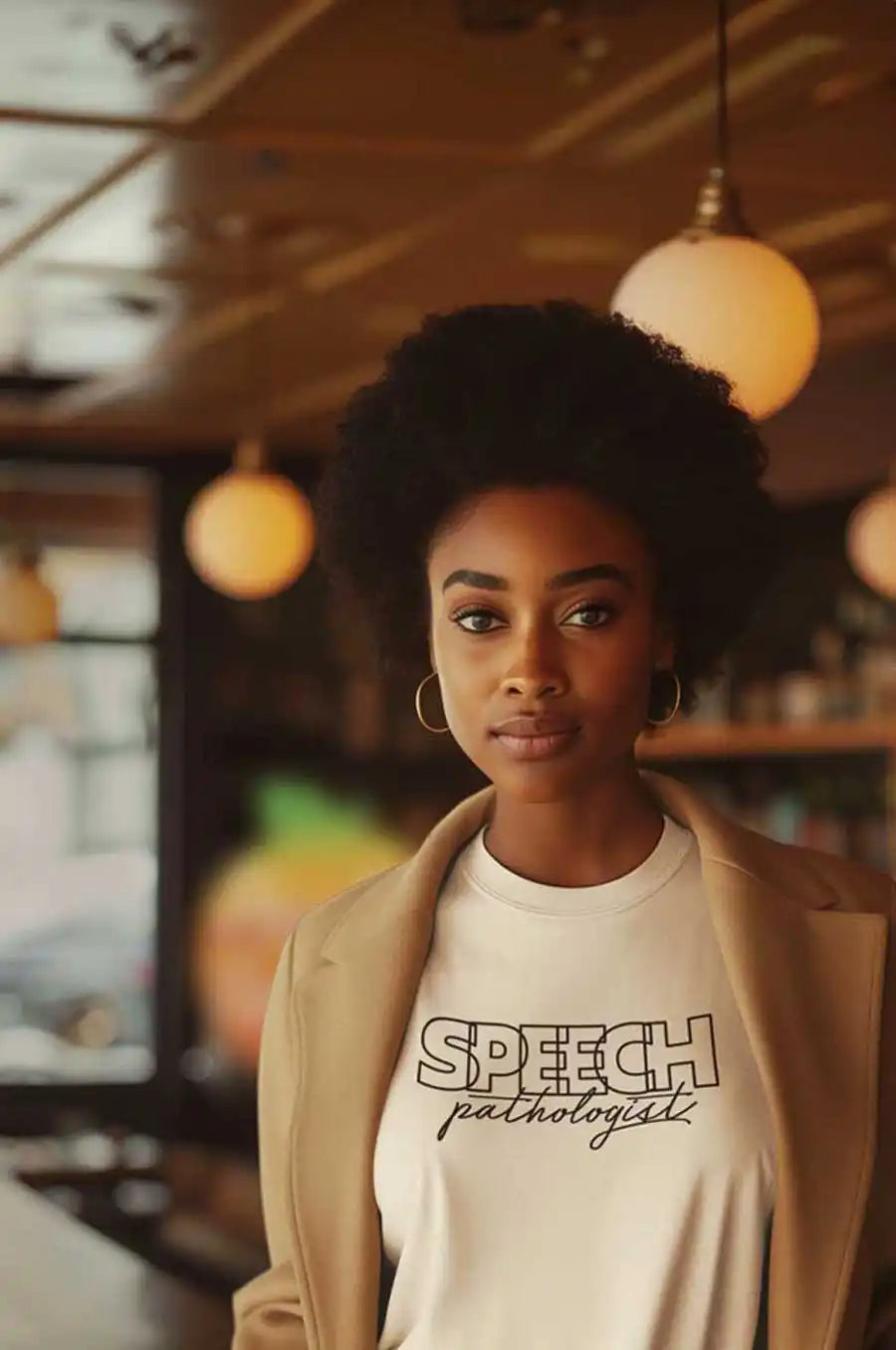 A person wearing a ’Speech’ graphic t-shirt and beige blazer.