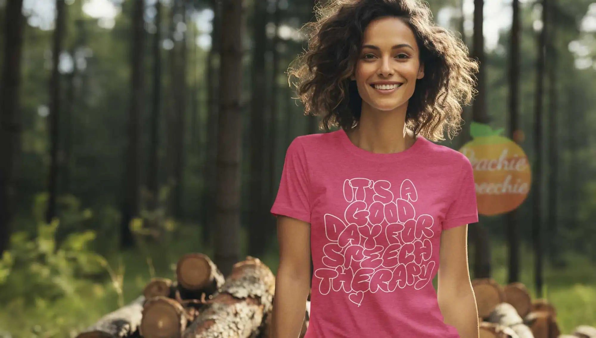 Pink short-sleeved t-shirt with white outlined text reading ’it’s a good day for speech therapy’ and a small heart symbol below it.