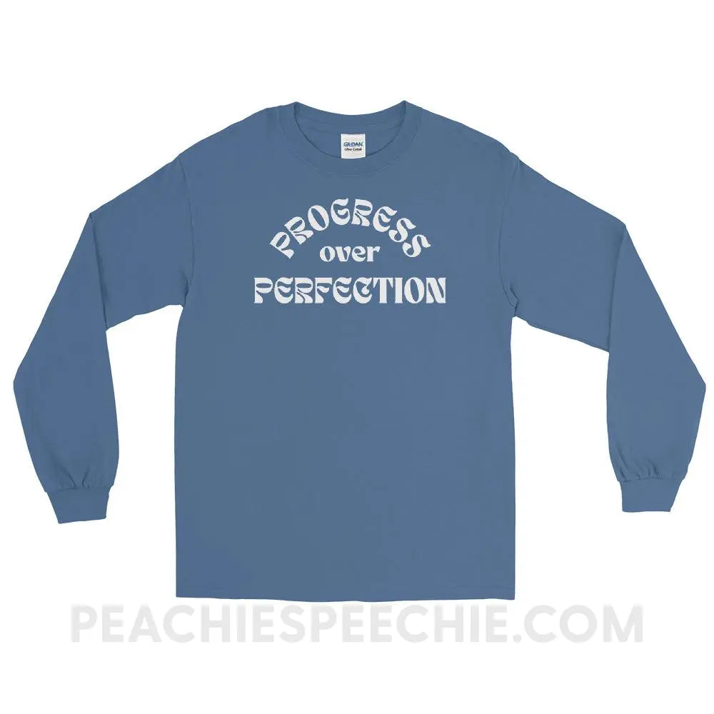 Progress Over Perfection Long Sleeve Tee - Indigo Blue / S - peachiespeechie.com