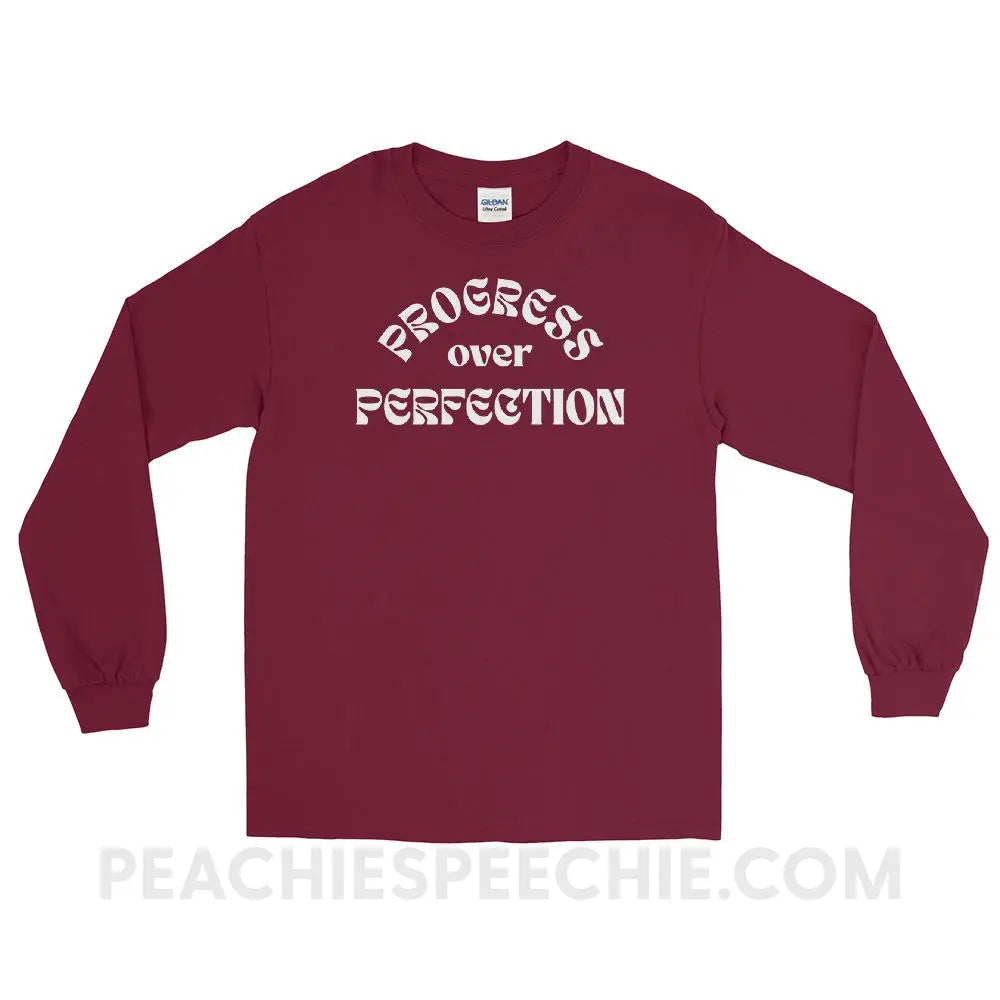 Progress Over Perfection Long Sleeve Tee - Maroon / S - peachiespeechie.com