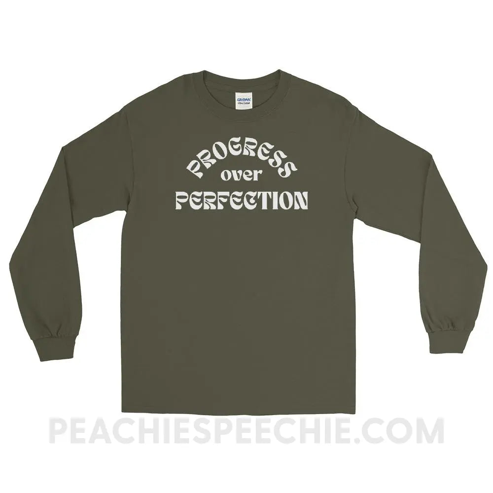 Progress Over Perfection Long Sleeve Tee - Military Green / S - peachiespeechie.com