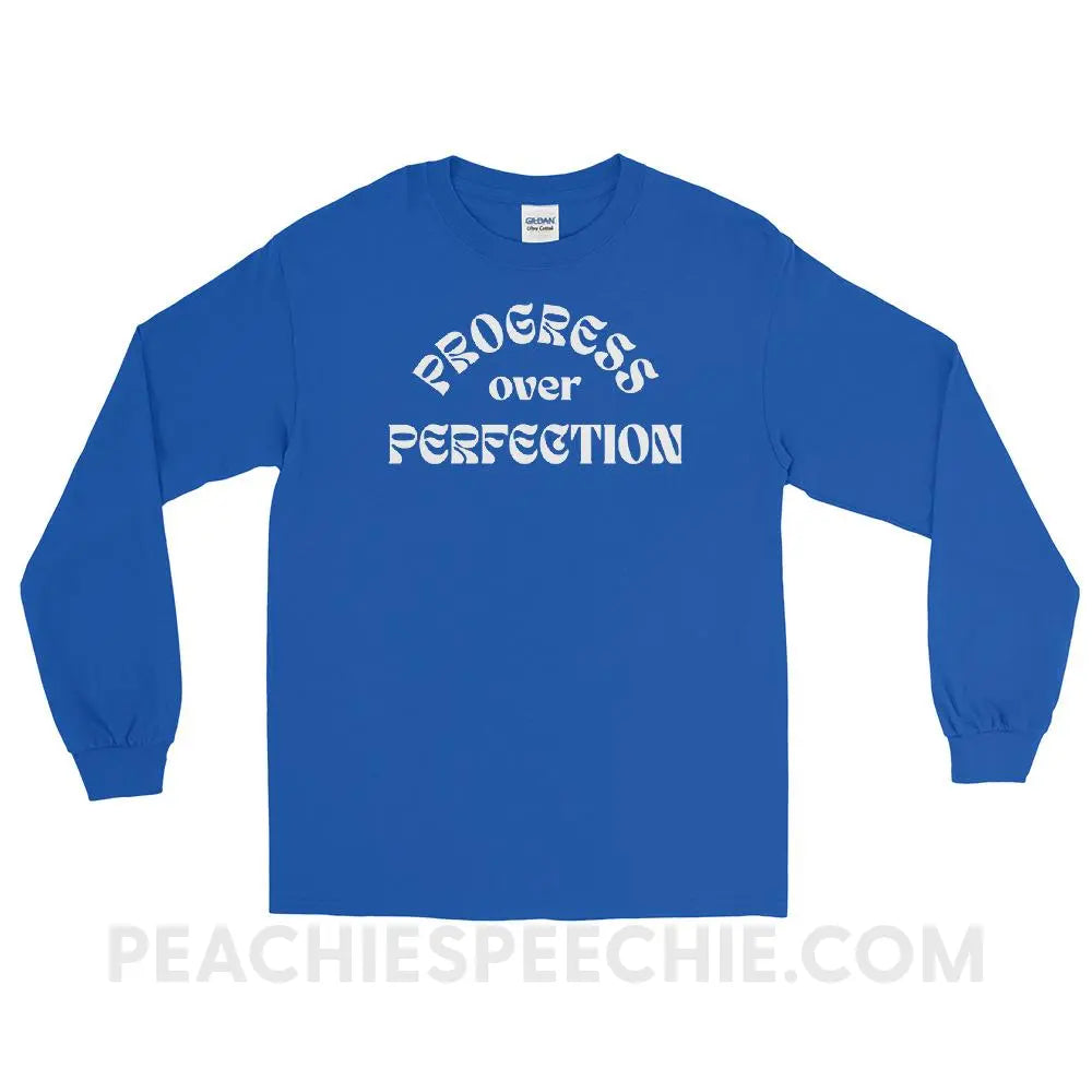 Progress Over Perfection Long Sleeve Tee - Royal / S - peachiespeechie.com