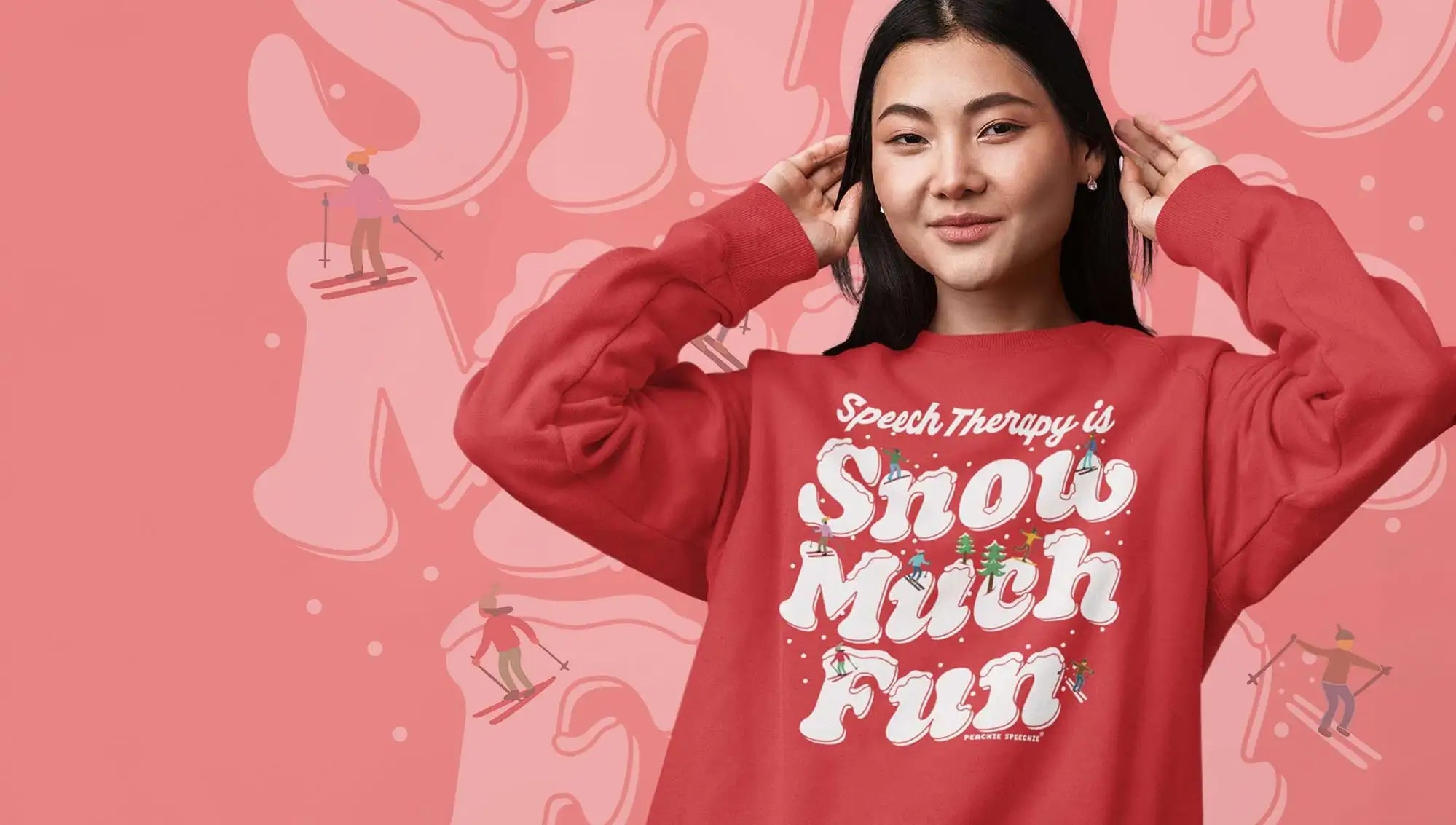 Red crewneck sweatshirt with ’snow much fun’ design and holiday accents.