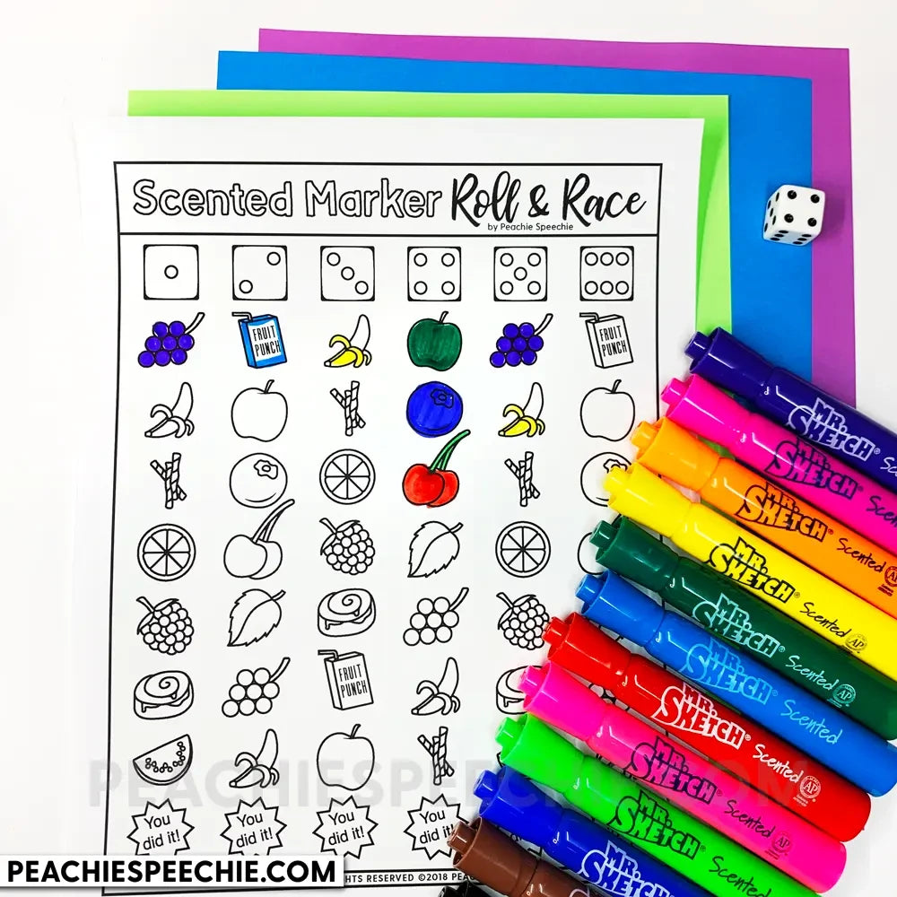 Scented Marker Roll and Race Open Ended Dice Game - Materials peachiespeechie.com