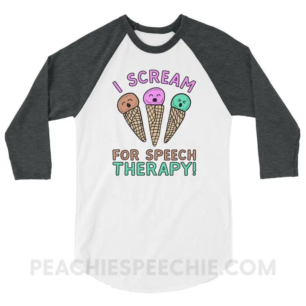 I Scream for Speech Baseball Tee - White/Heather Charcoal / XS - T-Shirts & Tops peachiespeechie.com