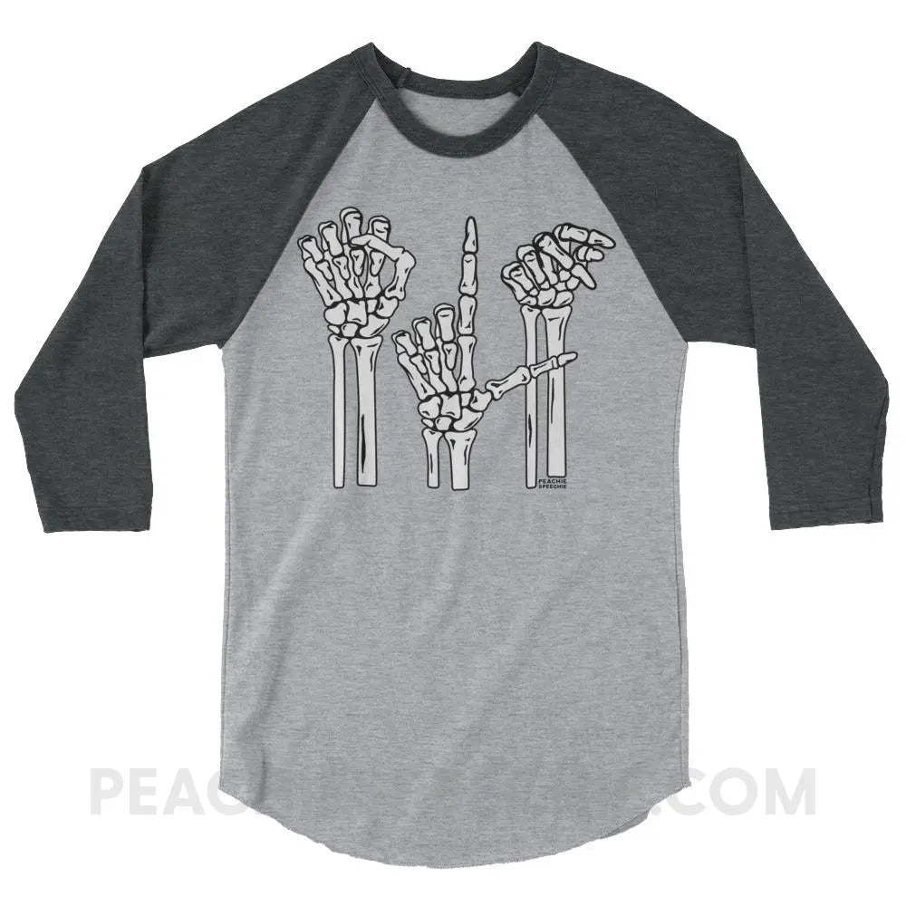 Skeleton SLP Baseball Tee - Heather Grey/Heather Charcoal / XS - T-Shirts & Tops peachiespeechie.com