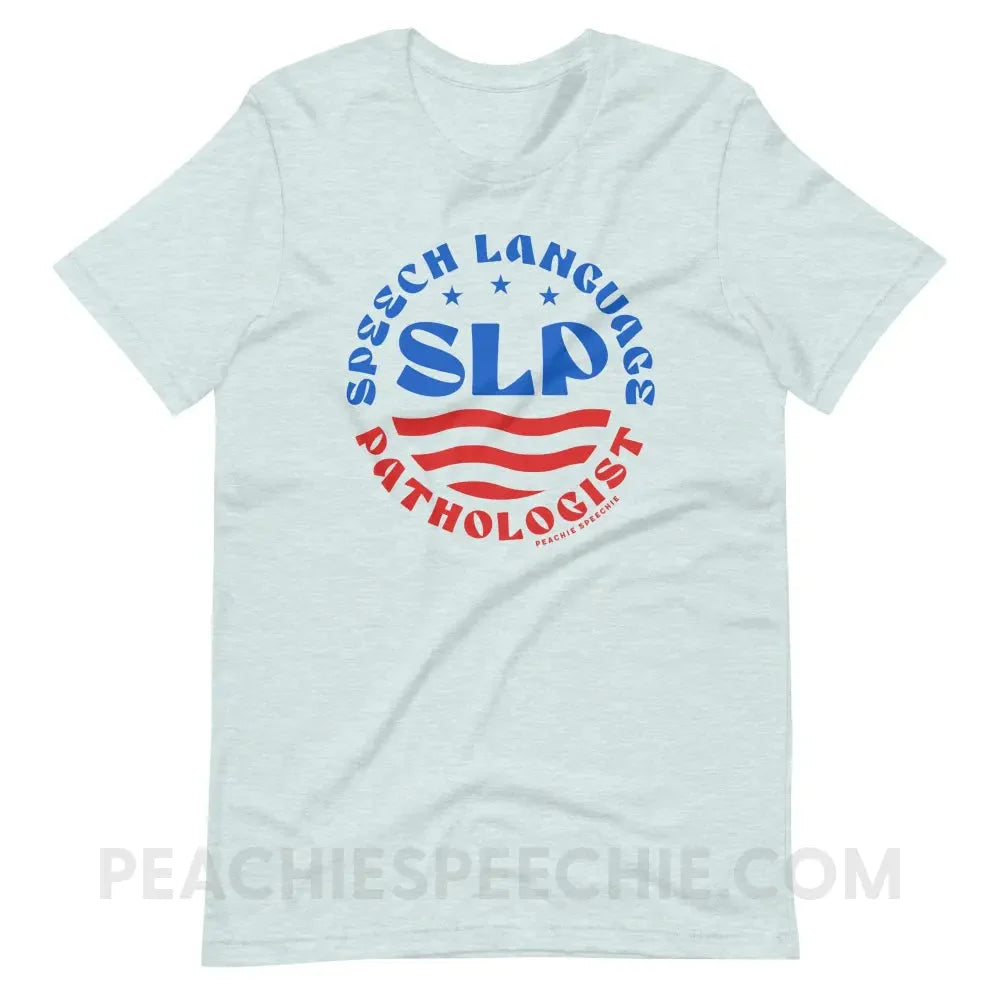 SLP Flag Emblem Premium Soft Tee - Heather Prism Ice Blue / XS - peachiespeechie.com