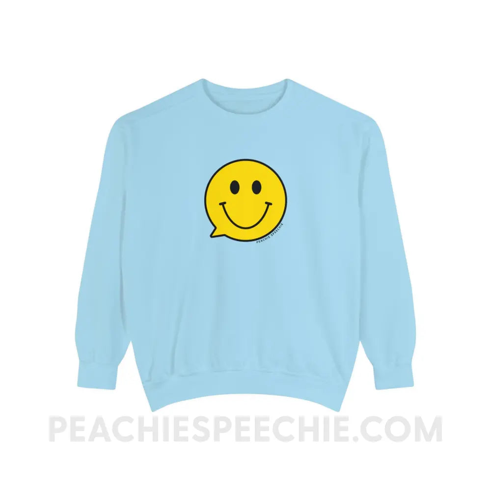 Smiley Face Speech Bubble Comfort Colors Crewneck - Chambray / S - Sweatshirt peachiespeechie.com