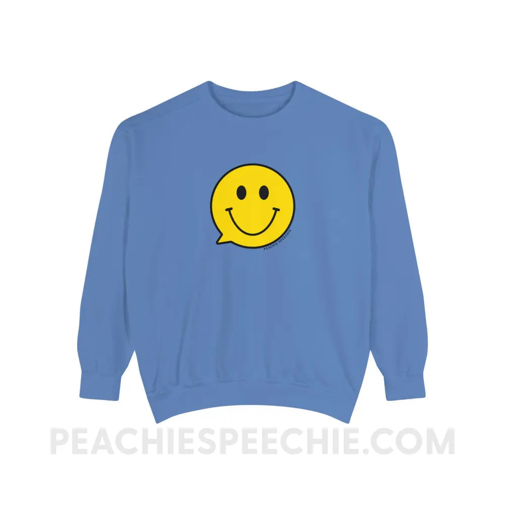 Smiley Face Speech Bubble Comfort Colors Crewneck - Flo Blue / S - Sweatshirt peachiespeechie.com