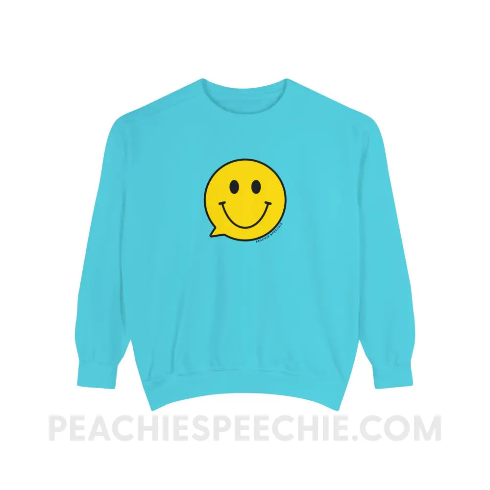 Smiley Face Speech Bubble Comfort Colors Crewneck - Lagoon Blue / S - Sweatshirt peachiespeechie.com