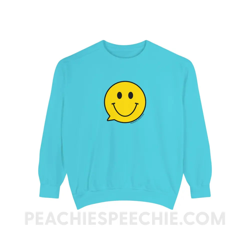 Smiley Face Speech Bubble Comfort Colors Crewneck - Lagoon Blue / S - Sweatshirt peachiespeechie.com