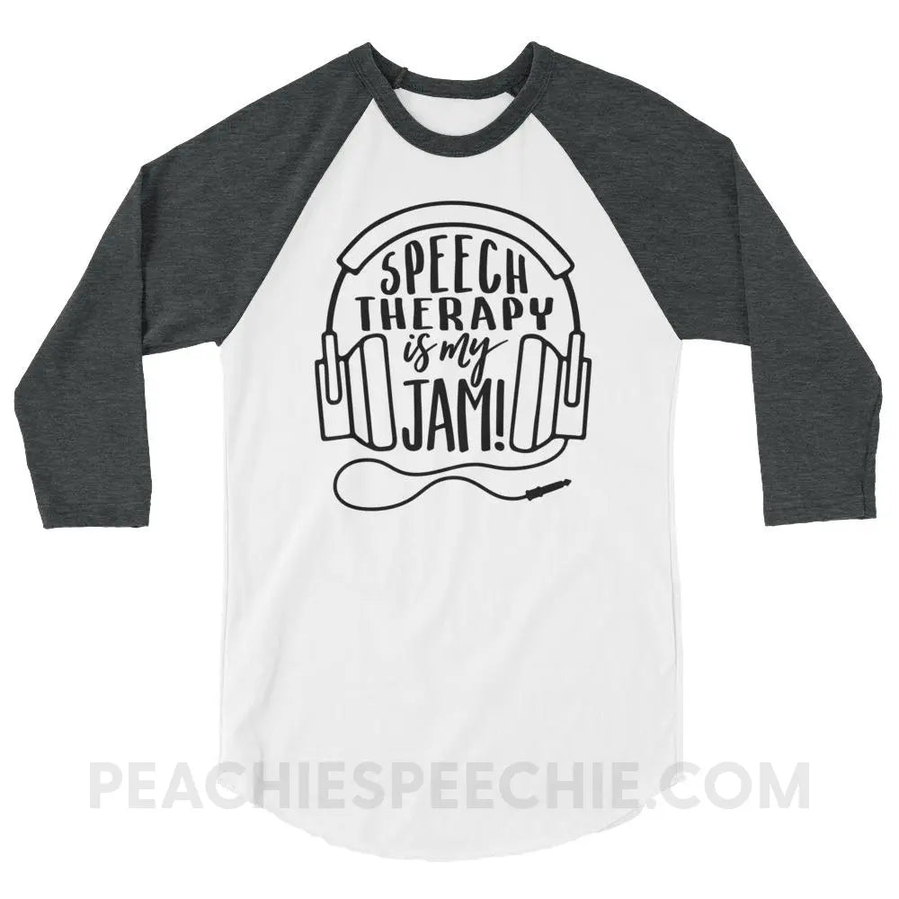 Speech Is My Jam Baseball Tee - White/Heather Charcoal / XS T - Shirts & Tops peachiespeechie.com