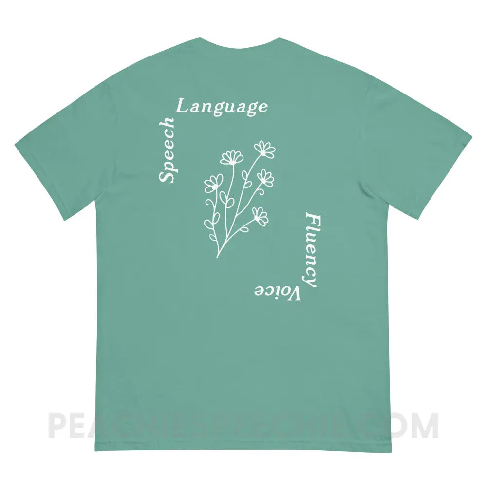 Speech Language Fluency Voice Flowers Comfort Colors Tee - peachiespeechie.com