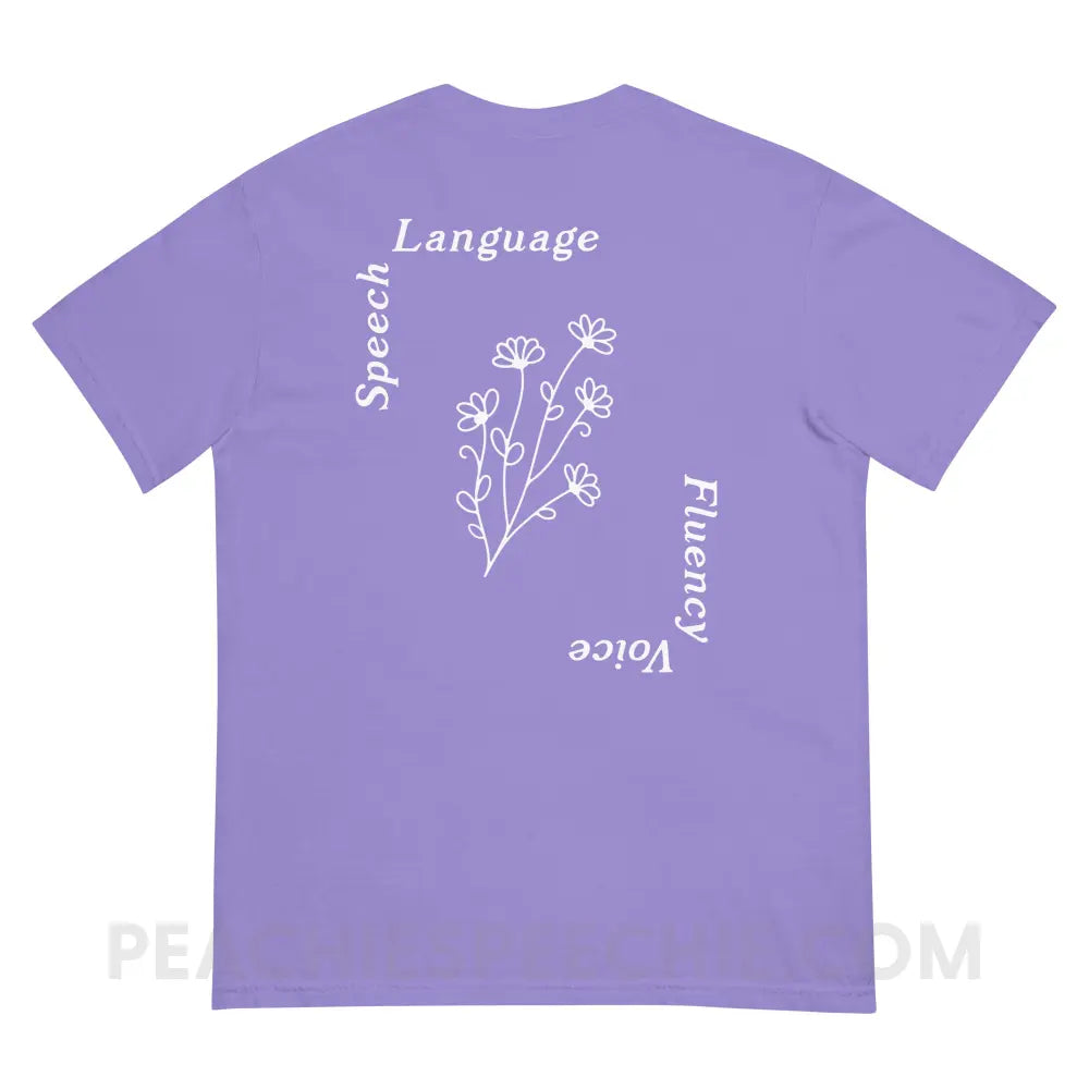 Speech Language Fluency Voice Flowers Comfort Colors Tee - peachiespeechie.com