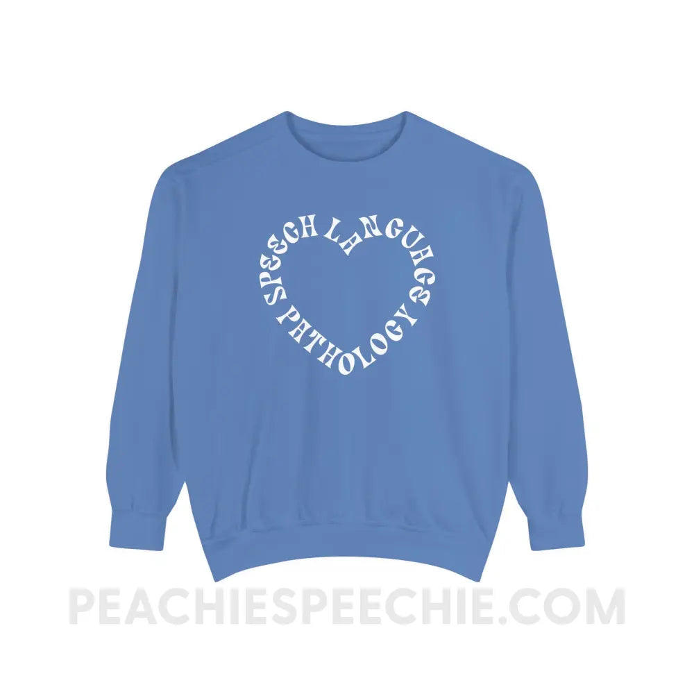 Speech Language Pathology Heart Comfort Colors Crewneck - Flo Blue / S - Sweatshirt peachiespeechie.com