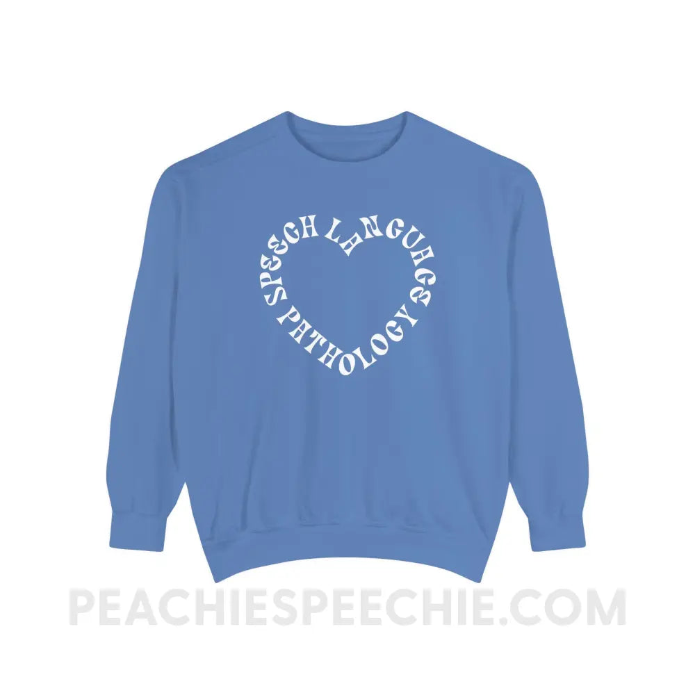 Speech Language Pathology Heart Comfort Colors Crewneck - Flo Blue / S - Sweatshirt peachiespeechie.com