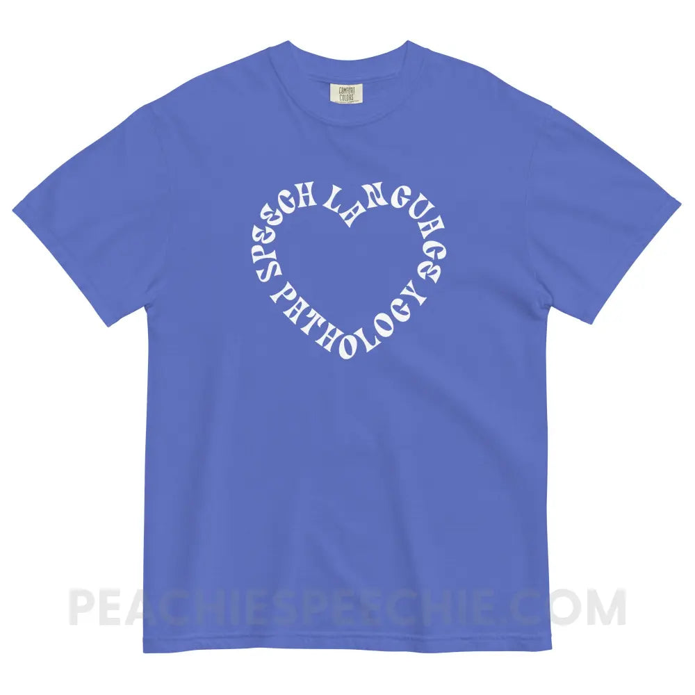 Speech Language Pathology Heart Comfort Colors Tee - Flo Blue / S - peachiespeechie.com