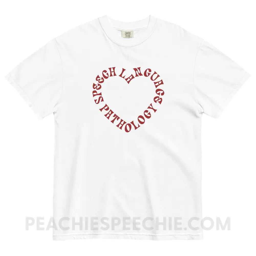 Speech Language Pathology Heart Comfort Colors Tee - White / S - peachiespeechie.com