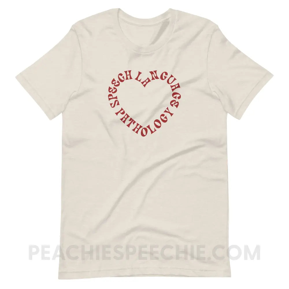 Speech Language Pathology Heart Premium Soft Tee - Heather Dust / S - peachiespeechie.com