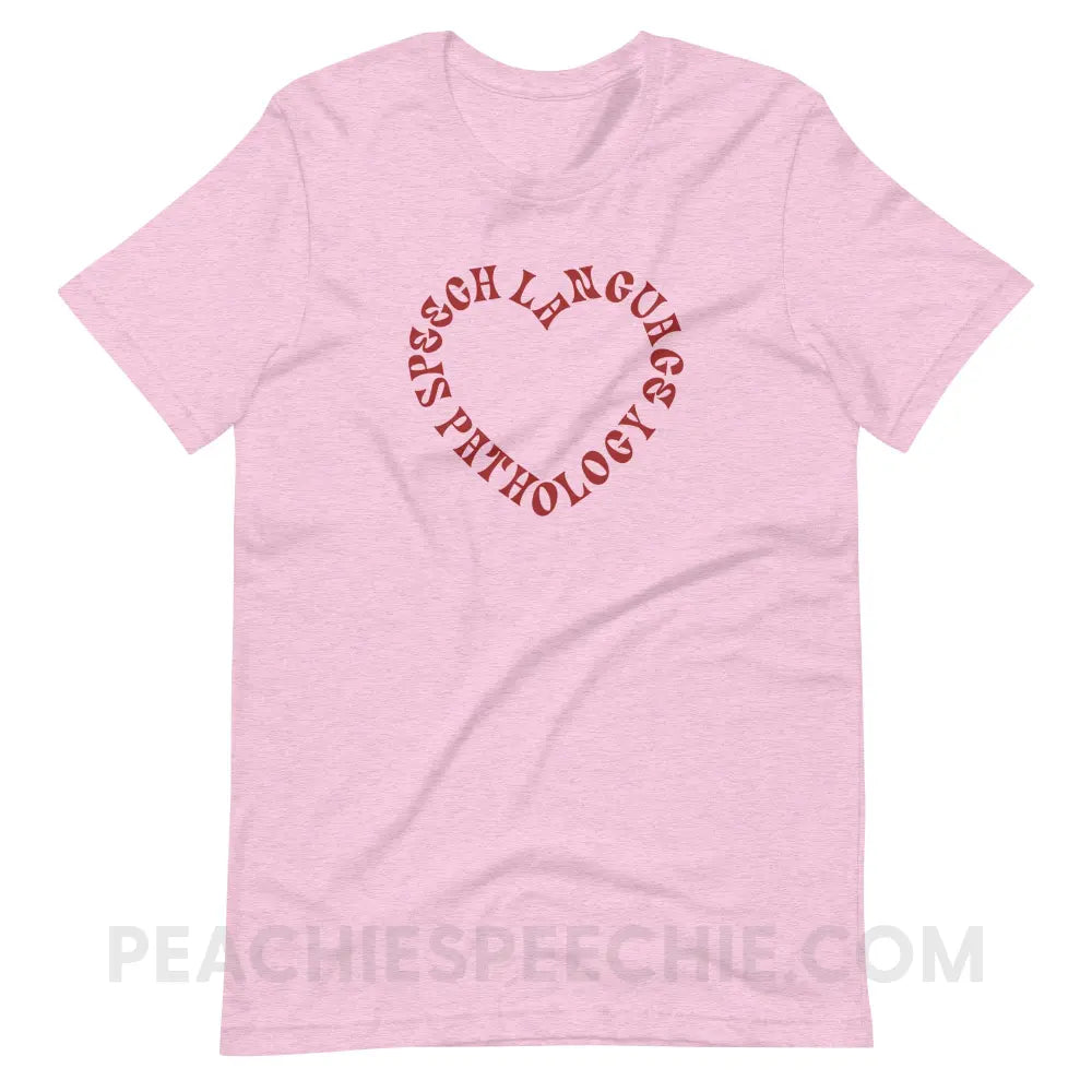 Speech Language Pathology Heart Premium Soft Tee - Heather Prism Lilac / XS - peachiespeechie.com