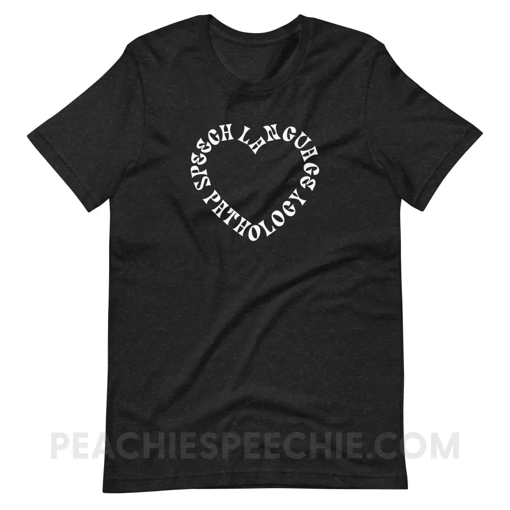 Speech Language Pathology Heart Premium Soft Tee - Black Heather / XS - peachiespeechie.com