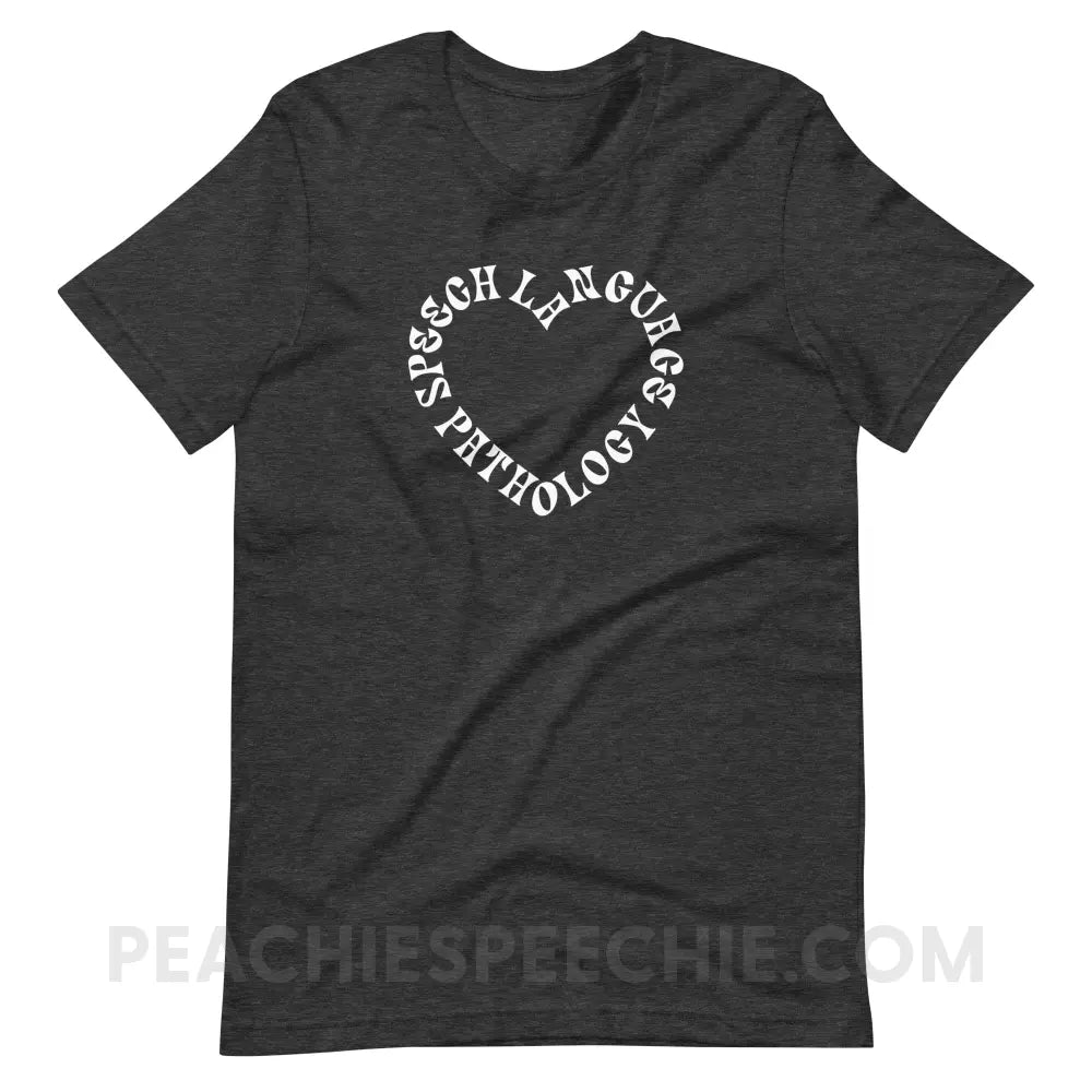 Speech Language Pathology Heart Premium Soft Tee - Dark Grey Heather / XS - peachiespeechie.com