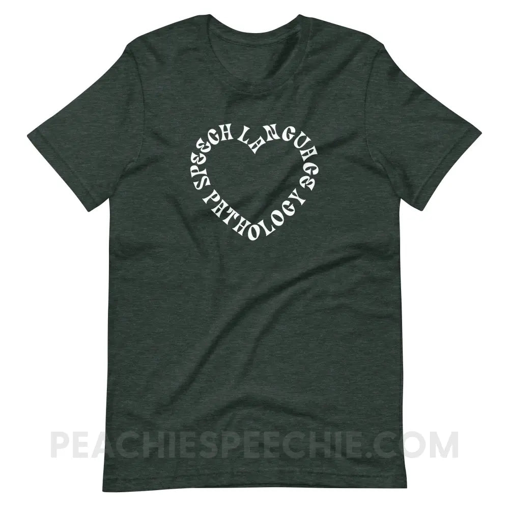 Speech Language Pathology Heart Premium Soft Tee - Heather Forest / S - peachiespeechie.com