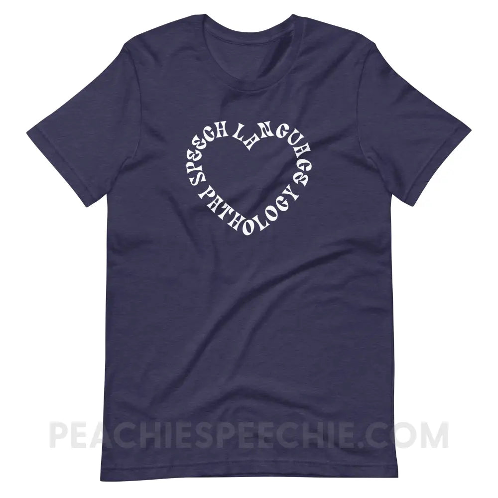 Speech Language Pathology Heart Premium Soft Tee - Heather Midnight Navy / XS - peachiespeechie.com