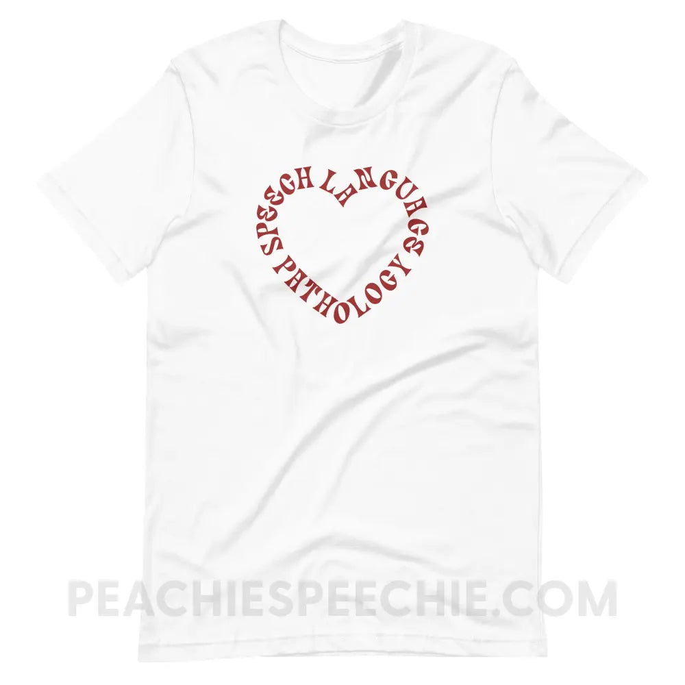 Speech Language Pathology Heart Premium Soft Tee - White / XS - peachiespeechie.com