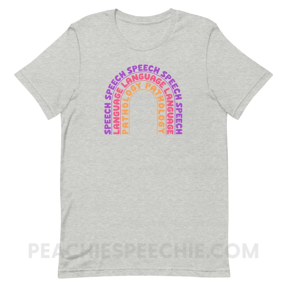 Speech Language Pathology Rainbow Premium Soft Tee - Athletic Heather / XS - peachiespeechie.com