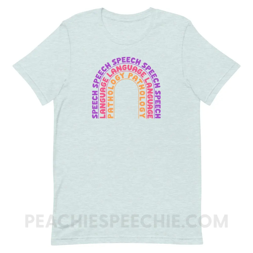 Speech Language Pathology Rainbow Premium Soft Tee - Heather Prism Ice Blue / XS - peachiespeechie.com