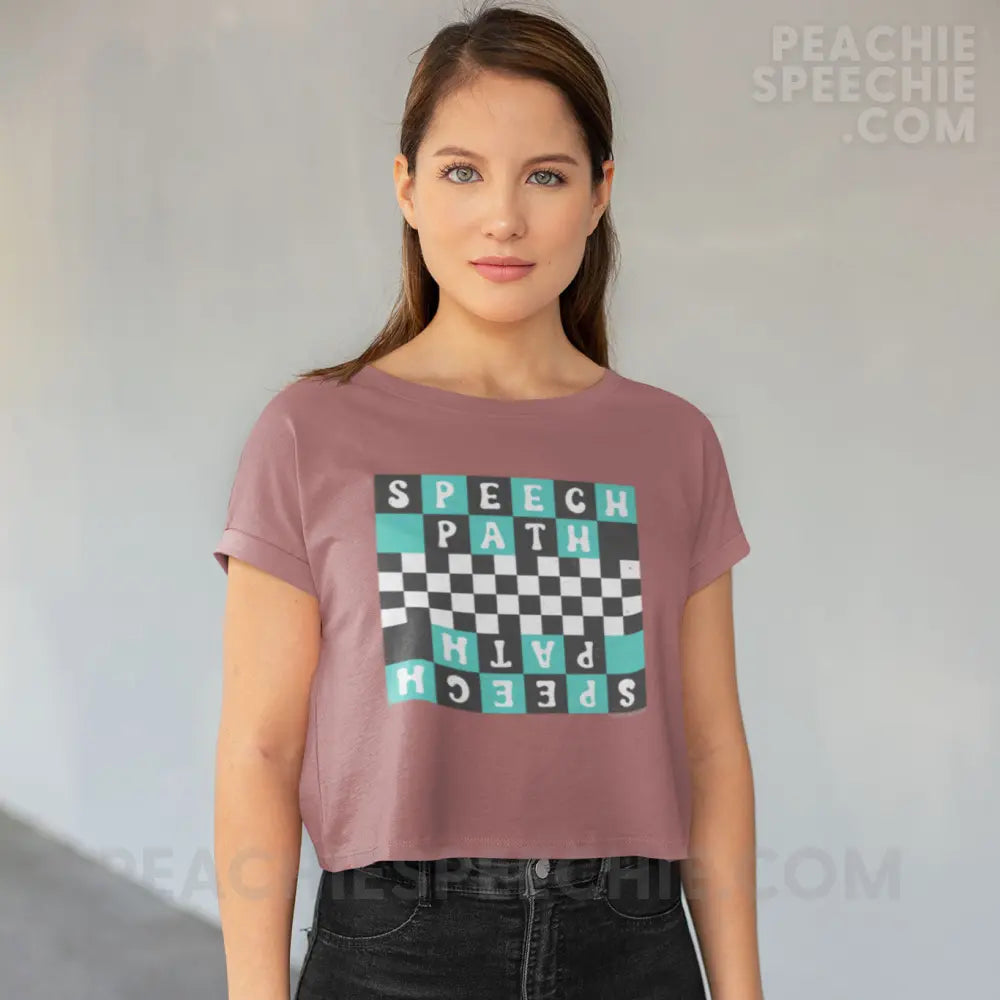 Speech Path Retro Checkerboard Crop Tee - Mauve / S - T-Shirt peachiespeechie.com