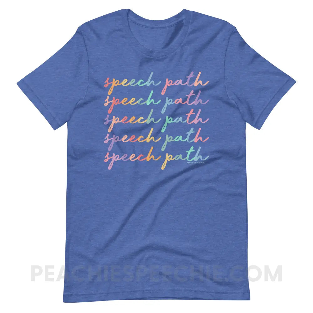 Speech Path Script Premium Soft Tee - Heather True Royal / S - T-Shirt peachiespeechie.com