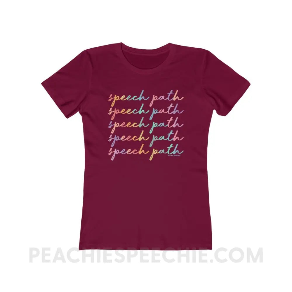 Speech Path Script Women’s Fitted Tee - Solid Cardinal Red / S - T-Shirt peachiespeechie.com