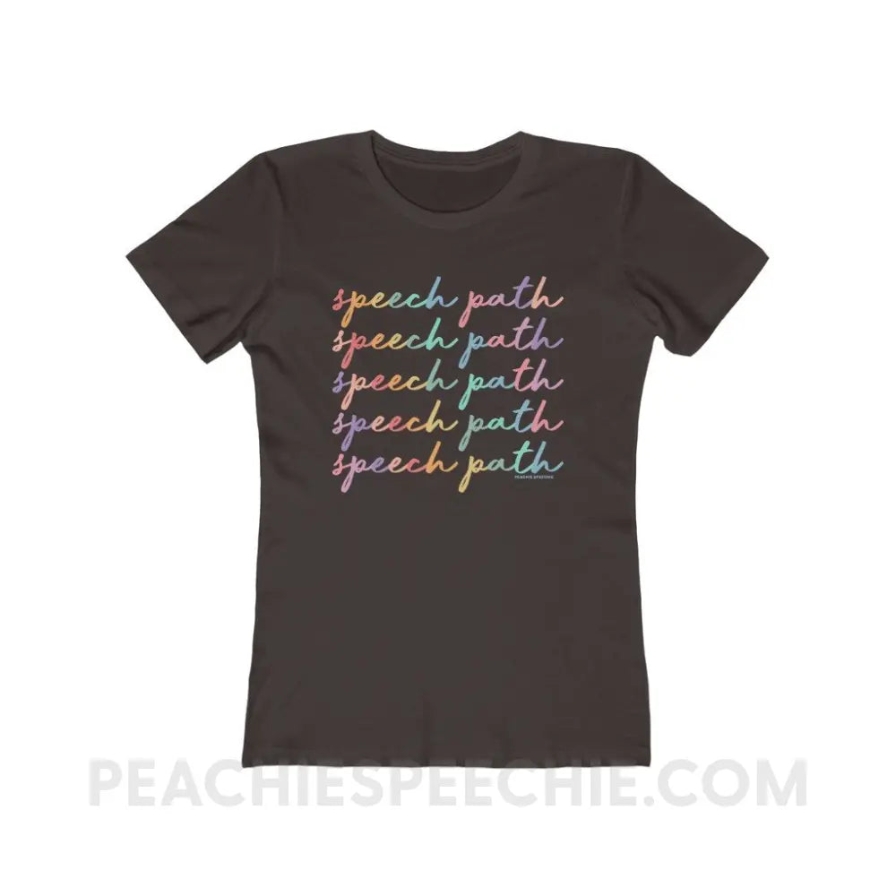 Speech Path Script Women’s Fitted Tee - Solid Dark Chocolate / S - T-Shirt peachiespeechie.com