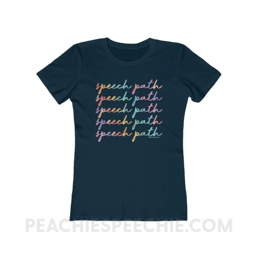 Speech Path Script Women’s Fitted Tee - Solid Midnight Navy / S - T-Shirt peachiespeechie.com