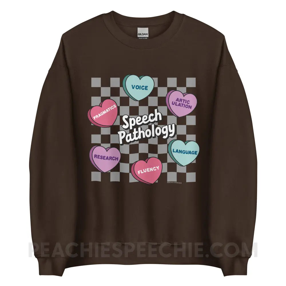 Speech Pathology Candy Heart Checkerboard Classic Sweatshirt - Dark Chocolate / S - peachiespeechie.com