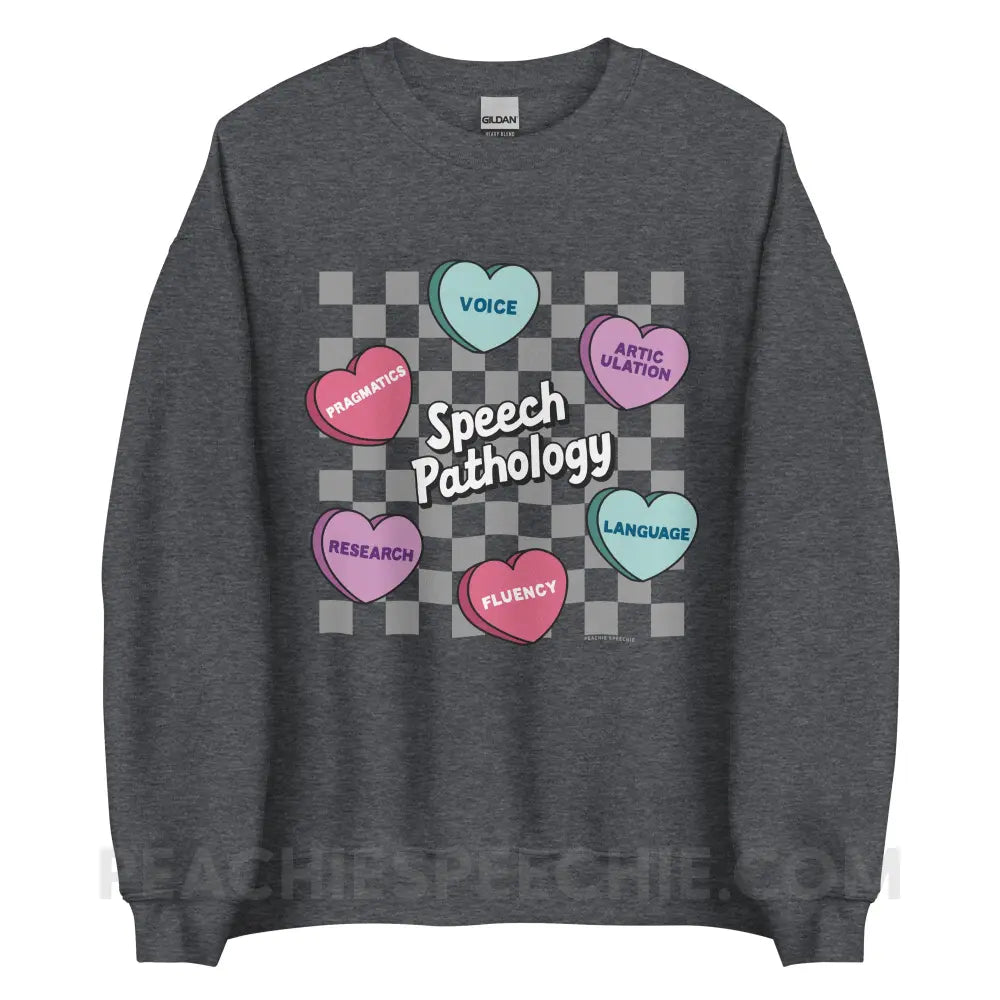 Speech Pathology Candy Heart Checkerboard Classic Sweatshirt - Dark Heather / S - peachiespeechie.com