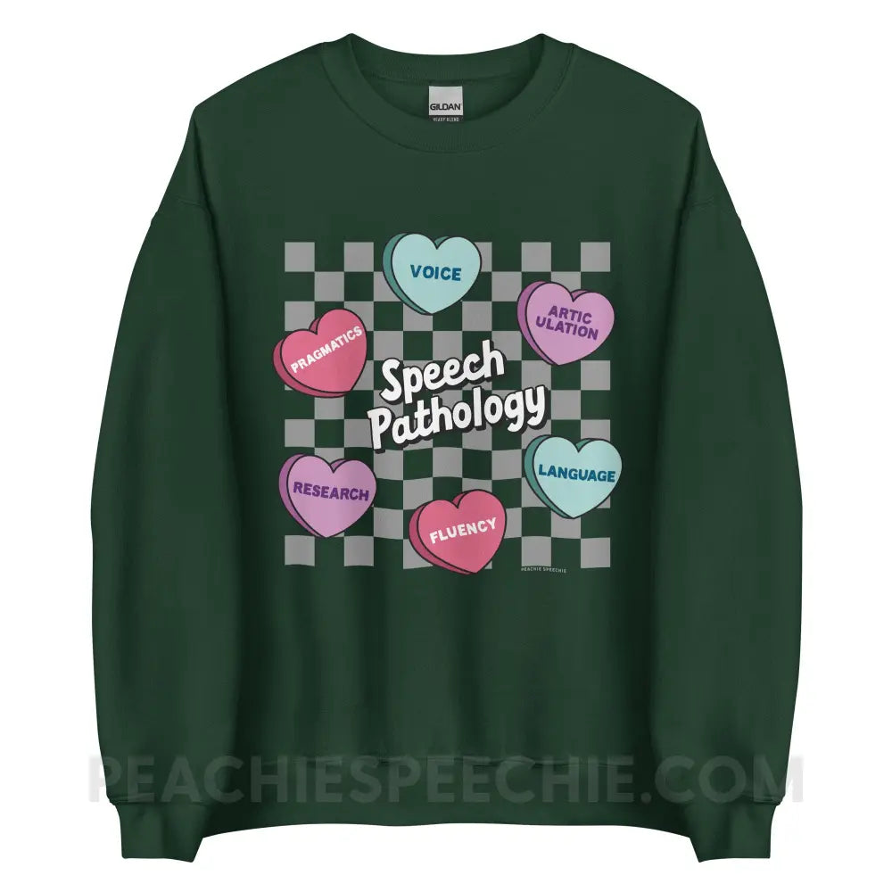 Speech Pathology Candy Heart Checkerboard Classic Sweatshirt - Forest Green / S - peachiespeechie.com