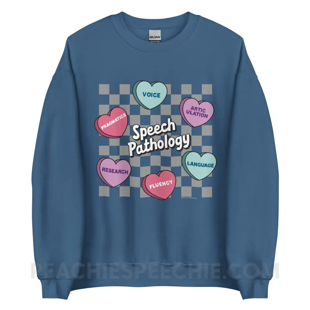 Speech Pathology Candy Heart Checkerboard Classic Sweatshirt - Indigo Blue / S - peachiespeechie.com