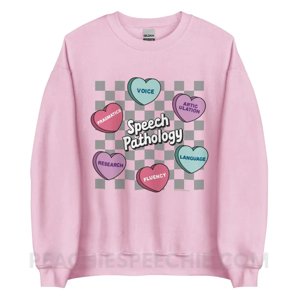 Speech Pathology Candy Heart Checkerboard Classic Sweatshirt - Light Pink / S - peachiespeechie.com