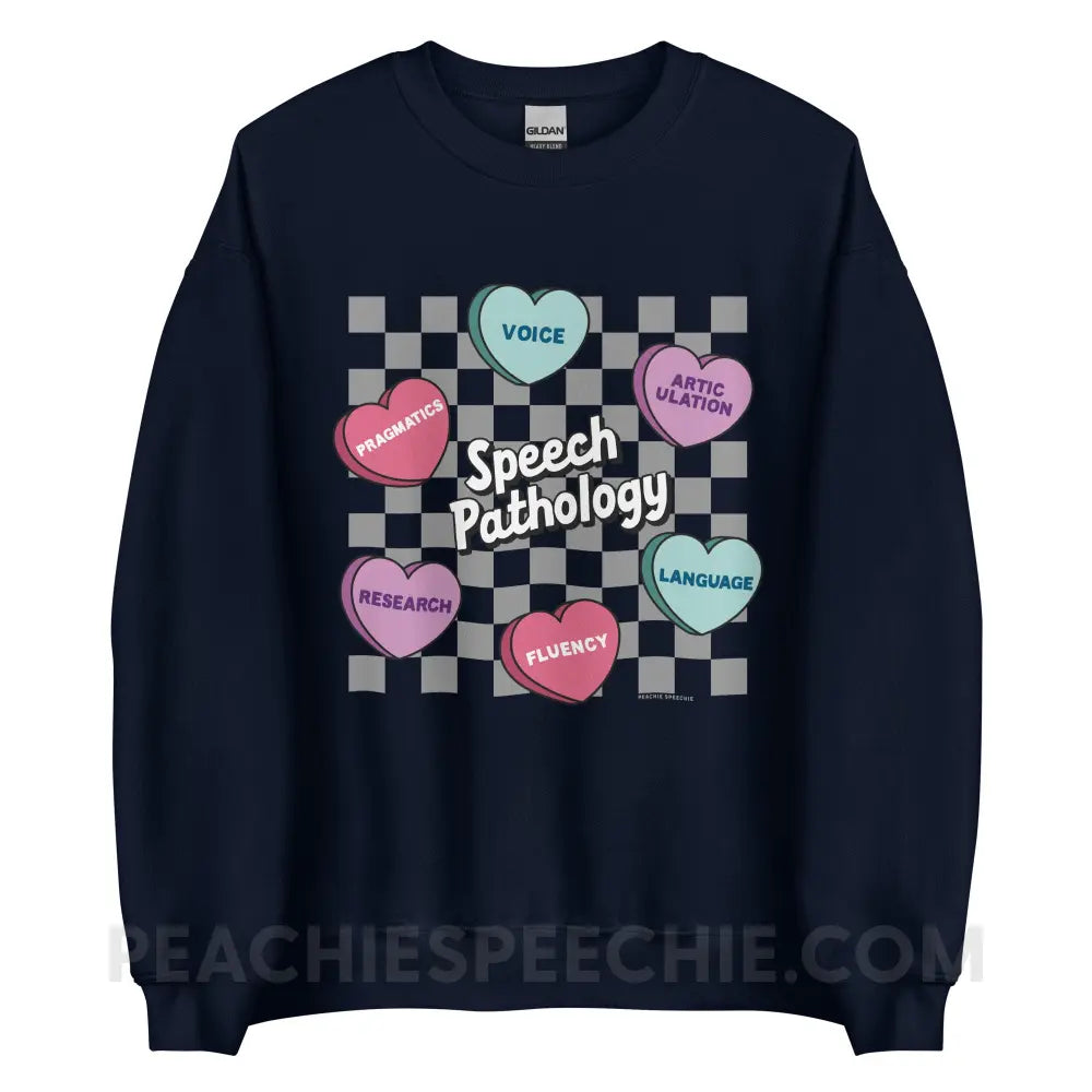 Speech Pathology Candy Heart Checkerboard Classic Sweatshirt - Navy / S - peachiespeechie.com