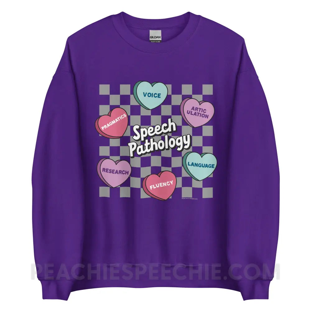 Speech Pathology Candy Heart Checkerboard Classic Sweatshirt - Purple / S - peachiespeechie.com