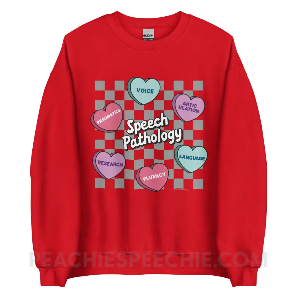 Speech Pathology Candy Heart Checkerboard Classic Sweatshirt - Red / S - peachiespeechie.com