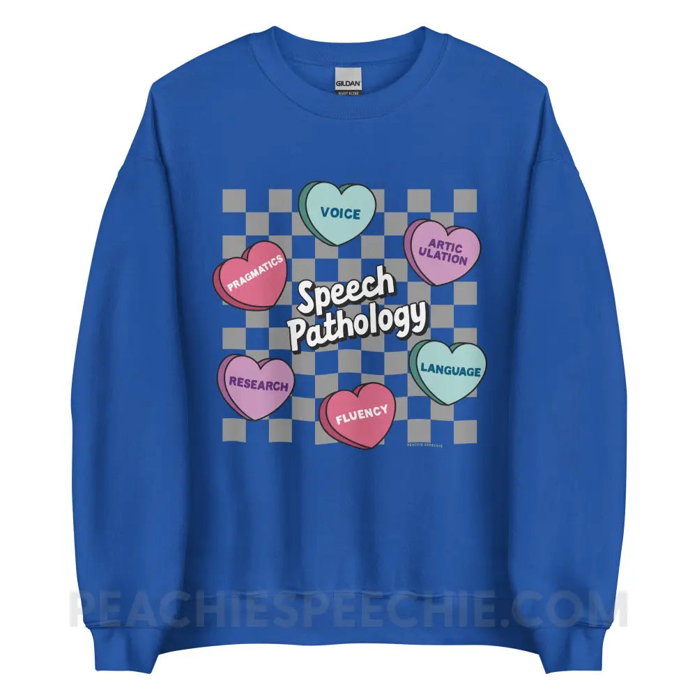 Speech Pathology Candy Heart Checkerboard Classic Sweatshirt - Royal / S - peachiespeechie.com