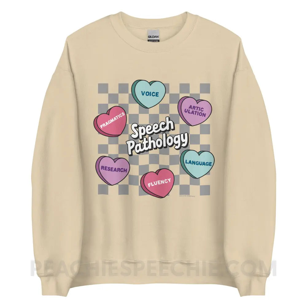 Speech Pathology Candy Heart Checkerboard Classic Sweatshirt - Sand / S - peachiespeechie.com